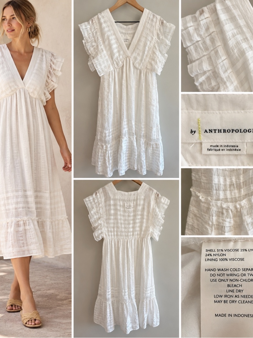 Anthropologie White Textured Flutter Sleeve Midi Dress XSP